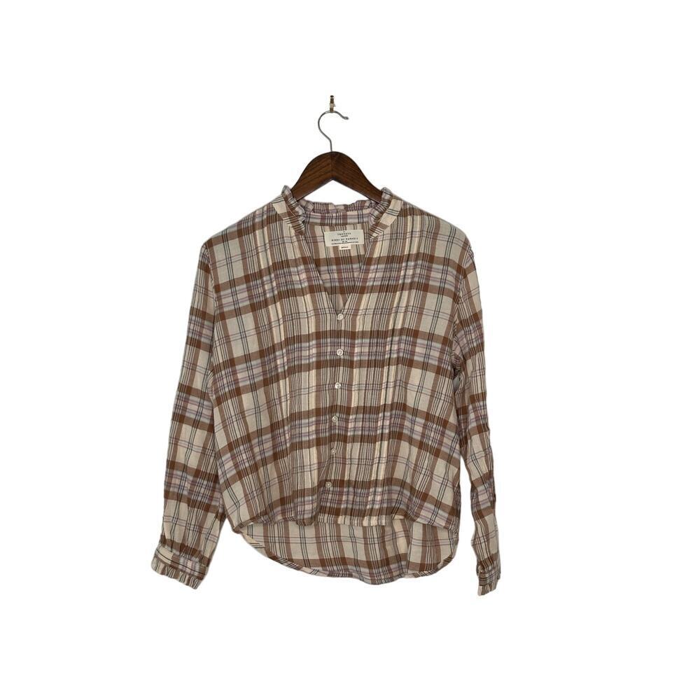 Trovata Plaid Blouse Size Small Finley Beige Pintuck Long Sleeve
